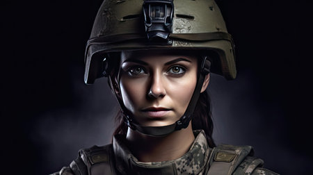 A strong looking woman wearing military uniform including camouflage fatigues and a helmet. She is ready for war to protect and serve her country. Generative Aiの素材