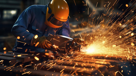 a Worker cutting metal with many sharp sparks in the factory. Industrial metal. Generative Aiの素材