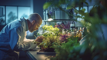 A botanist inspecting plants in a lab using genetic engineering and hydroponics.の素材