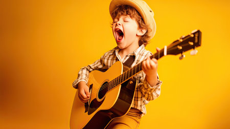 a fun child playing guitar and singing on a yellow background.の素材