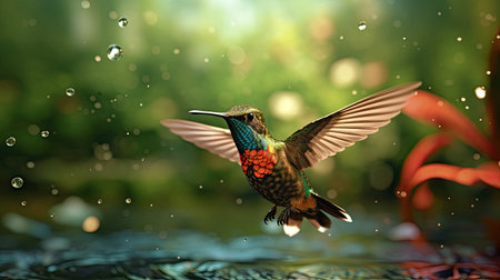 a beautiful hummingbird in Flight on water surface.の素材