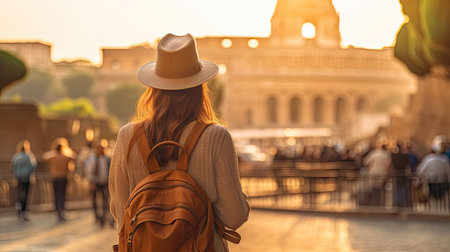 Back view of Tourist woman with hat and backpack at vacation in Rome, Italy.の素材