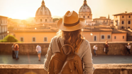 Back view of Tourist woman with hat and backpack at vacation in Rome, Italy.の素材