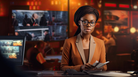 african female news reporter in live broadcasting. Journalism industry, live streaming concept.の素材