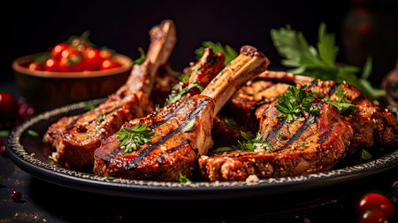 Delicious grilled lamb chops marinated in a flavorful blend of spices.の素材