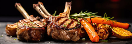 Delicious grilled lamb chops with roasted carrots on a chic marble in the restaurant.の素材
