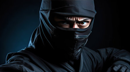 Photo for Assassin ninja in black clothes on dark background. - Royalty Free Image