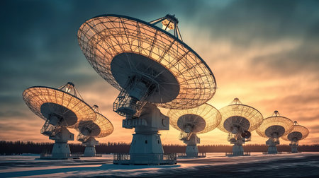 Radio telescopes aligned in the sky at sunset.の素材