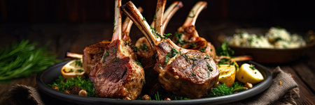Rack of lamb, with mustard and garlic sauce on the wooden table.の素材