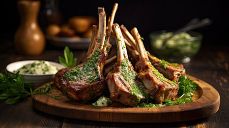 Rack of lamb, with mustard and garlic sauce on the wooden table.の素材