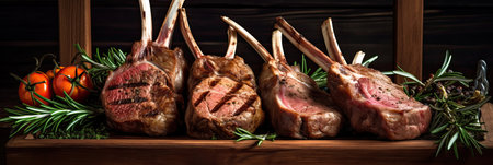 Raw racks of lamb  with rosemary freshly cooked on the wooden table in the restaurant.の素材