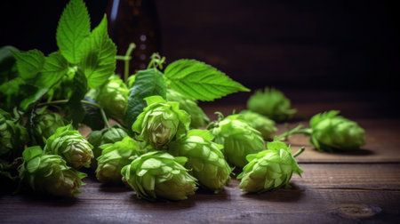 Fresh cones of green hops on the wooden background.の素材