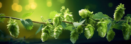 Green fresh hop cones for making beer, bokeh backgroundの素材