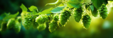 Green fresh hop cones for making beer, bokeh backgroundの素材