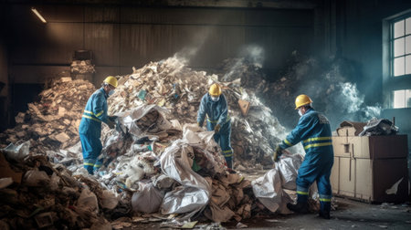 Workers in safety gear sorting through a pile of recyclable materials in the waste separation factory.の素材