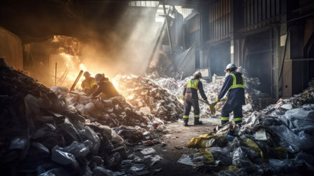 Workers in safety gear sorting through a pile of recyclable materials in the waste separation factory.の素材