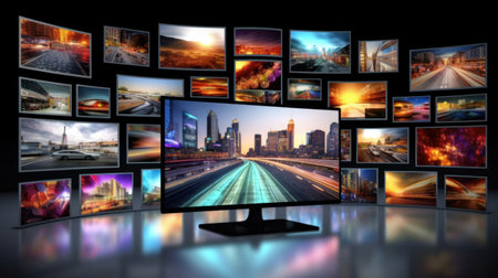 Multimedia images on different television screens.の素材