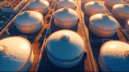 Aerial view of Hydrogen gas storage tanks, Spherical storage for chemical products in plant.の素材