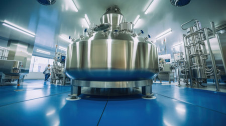 Equipment mixing tank on production line in pharmacy industry manufacture factory. Pharmaceutical plant.の素材