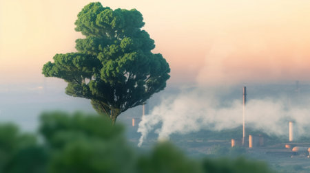 Green tree growing environmental problem alert with Chemical plant smoke background.の素材
