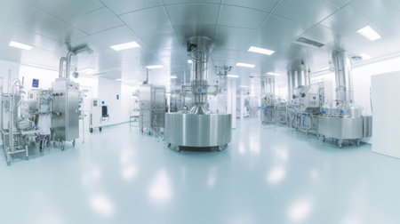 Interior of Pharmaceautical clean room, industrial design for large scale chemical production in controlled sterile conditions.の素材