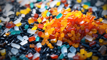 Recycled crushed plastic granules turned into new reused material. Plastic crossover.の素材