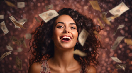 a Beautiful woman winning a lottery concept. Smiling young woman, happy expression, mouth open of excitement - money banknotes flying in air around.の素材