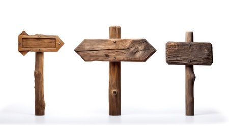 Blank empty wooden rustic signage sign board signpost post wood isolated on white background.の素材