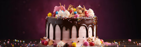 Birthday cake with lots of icing and decorations, Celebration.の素材