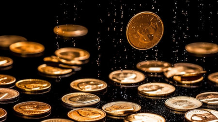 Gold coins raining on black background.の素材