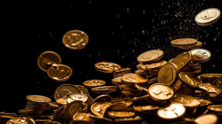 Gold coins raining on black background.の素材