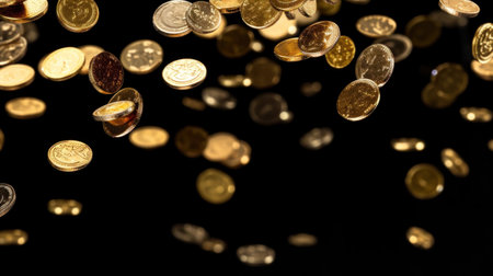 Gold coins raining on black background.の素材