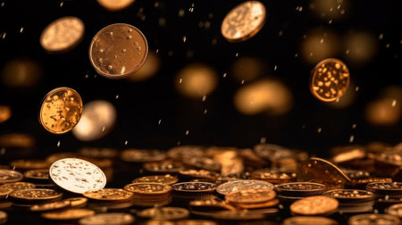 Gold coins raining on black background.の素材