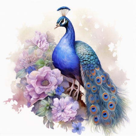 Beautiful Peacock, Watercolor Painting of Peacock on Flower.の素材