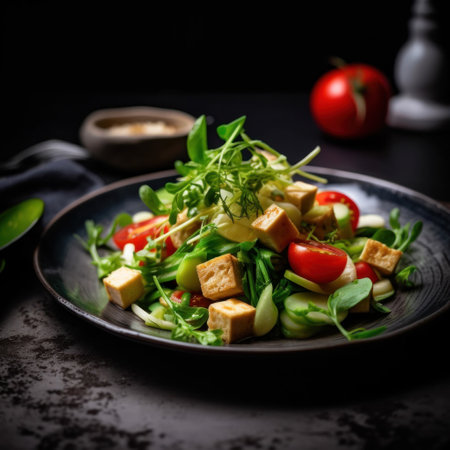A vegan tofu salad with vegetables on white plate.の素材