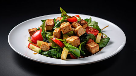A vegan tofu salad with vegetables on white plate.の素材