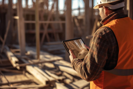 An engineer using a digital tablet on a construction site.の素材
