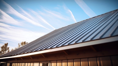 Corrugated metal roof installed in a modern house. Metal sheet roof.の素材