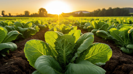 Agriculture, Field of organic lettuce growing in a sustainable farm.の素材