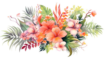 Bouquets greeting or wedding card decoration, Watercolor of Tropical spring floral green leaves and flowers elements.の素材