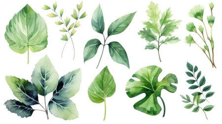 Collection botanical isolated on white background suitable for Wedding Invitation. Set of watercolor green leaves elements.の素材