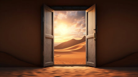 A door opened on desert. Start up concept.の素材