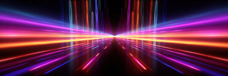 Blurred of Neon futuristic flashes on black background. Motion light lines backdrop.の素材