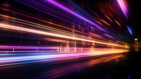 Blurred of Neon futuristic flashes on black background. Motion light lines backdrop.の素材