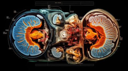 A medical, MRI image of the brain, showing a cross - section with detailed annotations. Magnetic Resonance Imaging.の素材