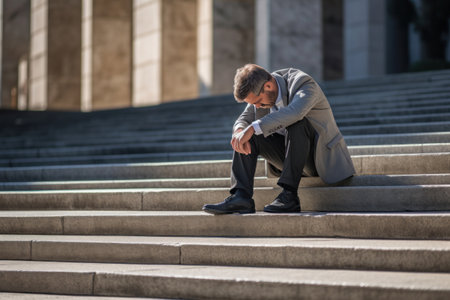 a Business man in depression sitting on ground street concrete stairs suffering from overwork and stress. Concept of unemployed people.の素材