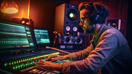 A male audio engineer working in music recording studio.の素材