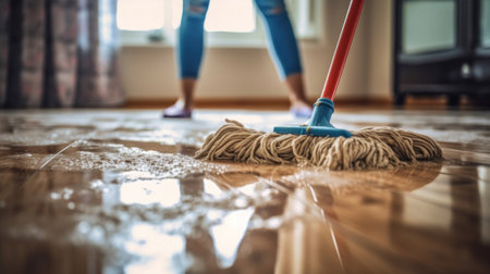 A young woman cleaning floor with wet mop at home.の素材