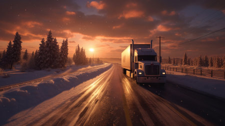 A Large truck driving on a road in winter, snow covered landscape.の素材