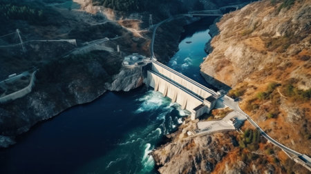 Aerial view of Hydroelectric power dam on a river in mountains.の素材